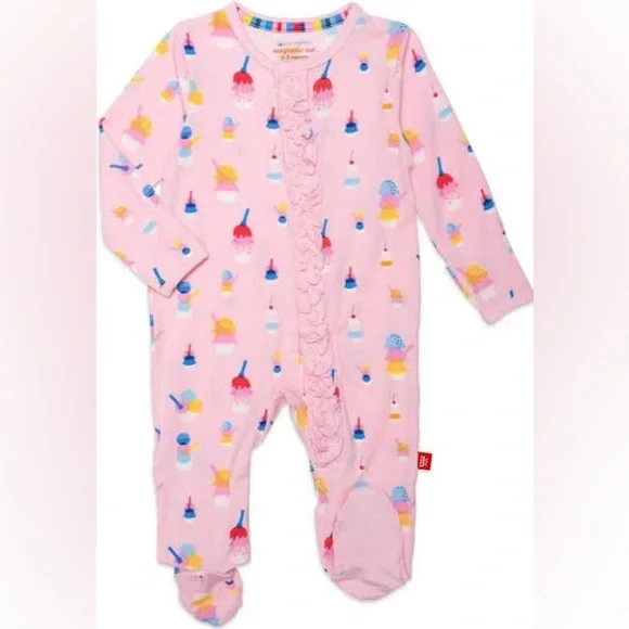 MAGNETIC ME Sundae Funday With Ruffle Detail Footie Pajamas | Pink - Picture 1 of 10